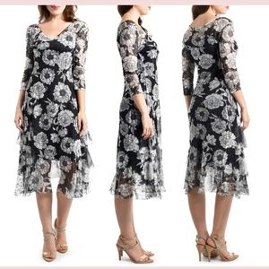 NEW Komarov [ Large ]‎ Floral Chiffon Charmeuse Cocktail Midi Dress Black